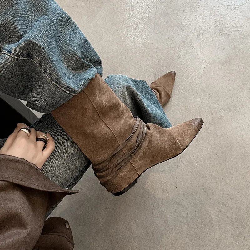 Arden Furtado Autumn Cow Suede Increased Internal Western Boots Pointed Toe Pleated Slip-On Middle Ankle Strap Short Boots