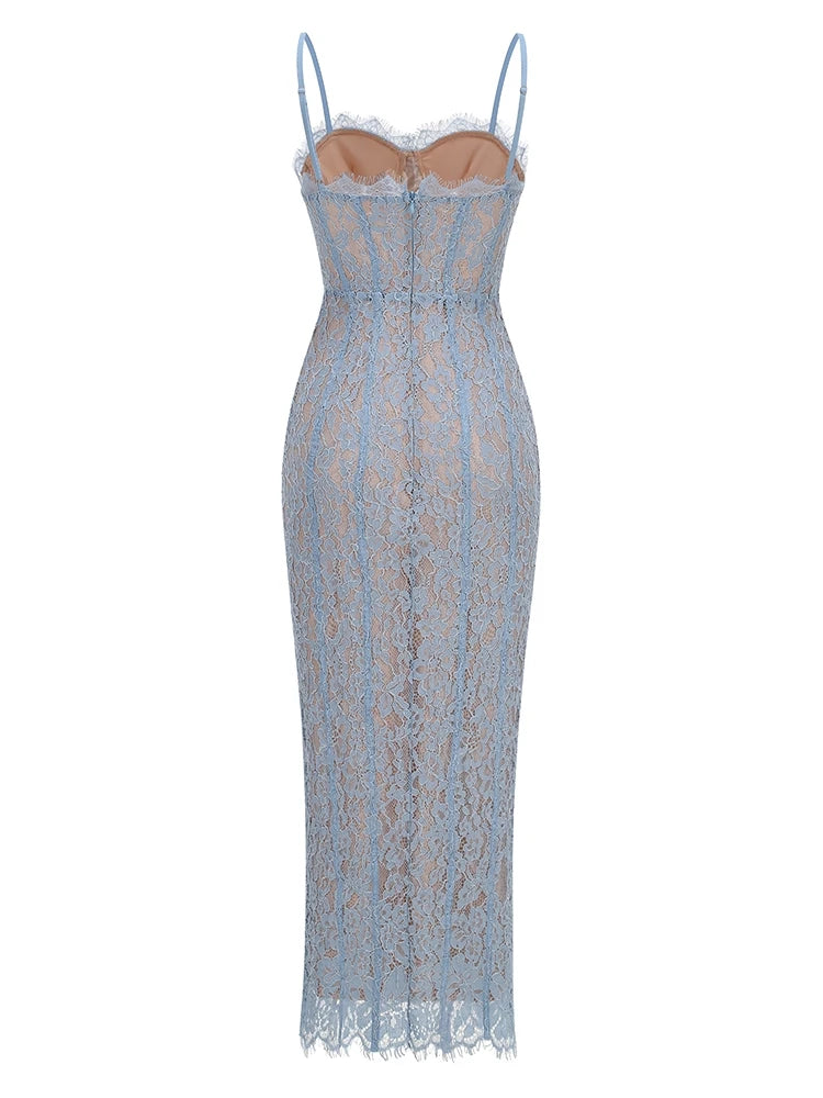 Sexy Spaghetti Strap V Neck Lace Long Dress Women Black Floral Lace Sleeveless Bodycon Dresses Elegant Evening Celebrity Party