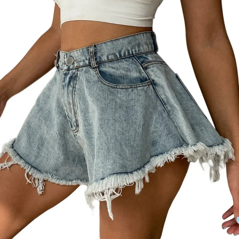 Wide Leg Shorts Women Y2k Denim Frayed Sexy Girls High Waist Hotsweet All-match Vintage Fashion Pockets European Style Females
