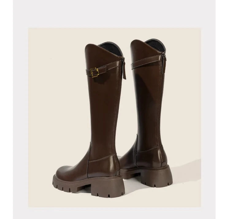 Fur Lining Women Knee High Boots Fashion Knight Long Booties Square High Heels Autumn Winter Warm Short Plush Shoes