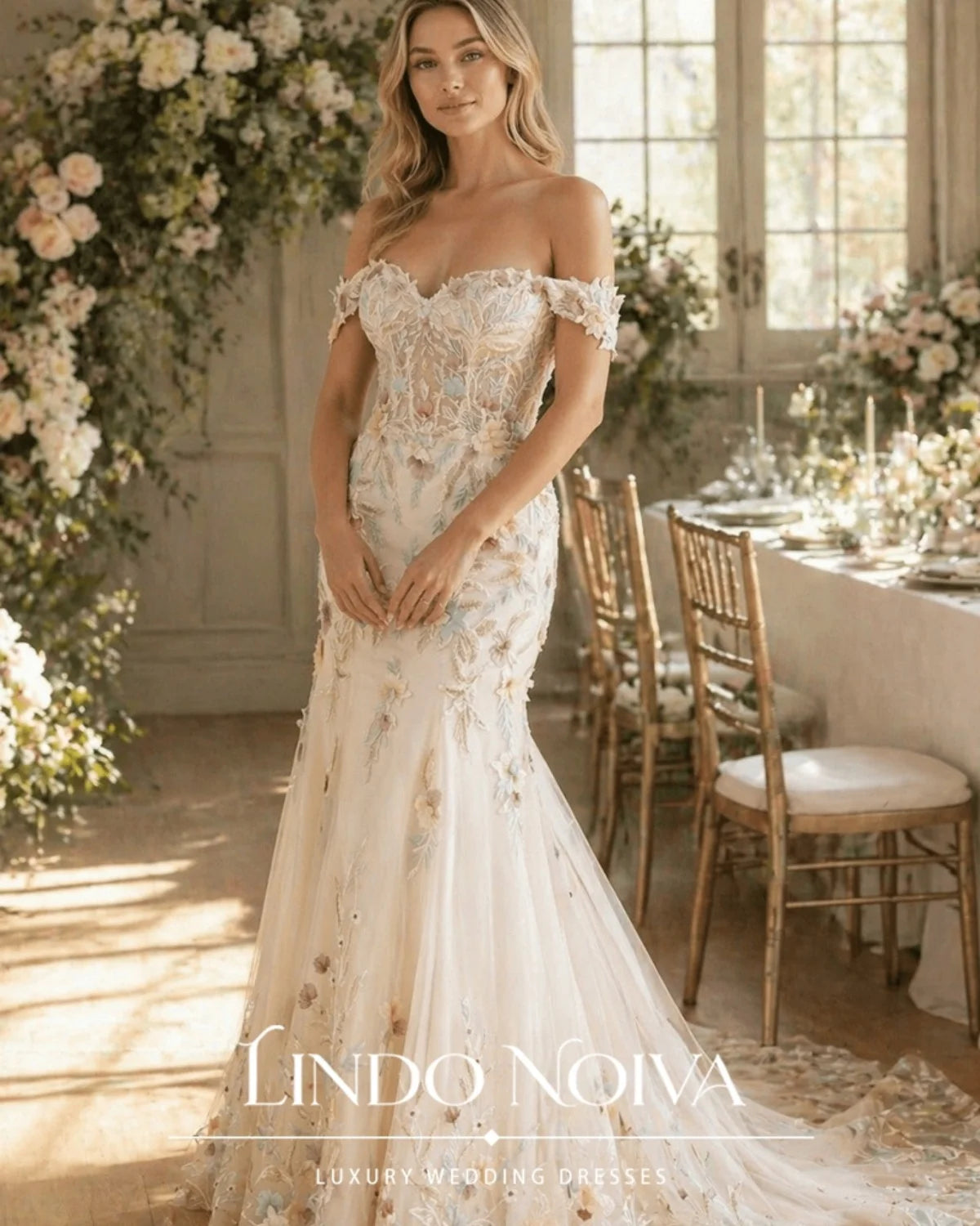 LINDO NOIVA Off The Shoulder Mermaid Wedding Dress Floral Embroidery Bridal Gown Romantic Train Vestido De Novia Customized