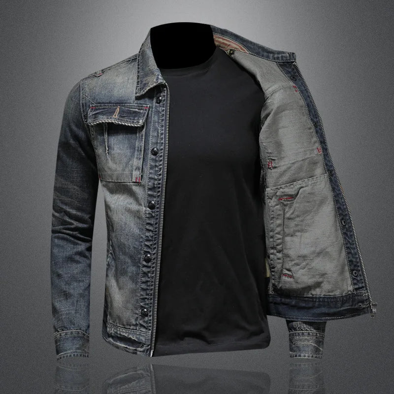 Cross-Border Foreign Trade European Size Personalized Zipper Motorcycle Men's Turn-Down Collar Denim Jacket Trendy Retro
