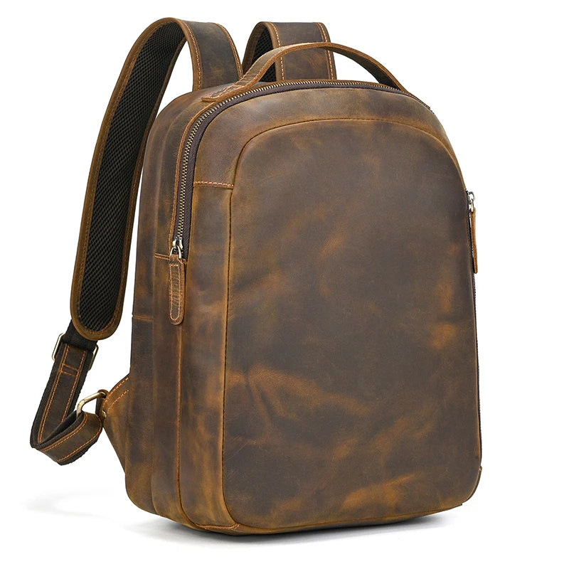 Luufan Men's Retro Crazy Horse Leather Backpack Brown Genuine Leather Rucksack Brown 14 Inch Laptop School Bag