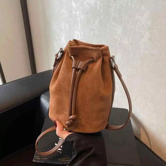 Suede Phone Bag For Women Autumn Winter Drawstring Brown Crossbody Bags Retro Versatile Commuting Mini One Shoulder Purse