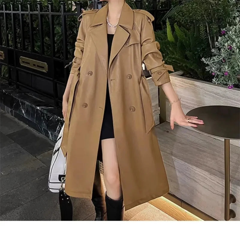 Womens Autumn Classic Double Breasted Long Trench Jacket with Belt Female PU Leather Jacket Lapels Windbreaker Winter Coat for W