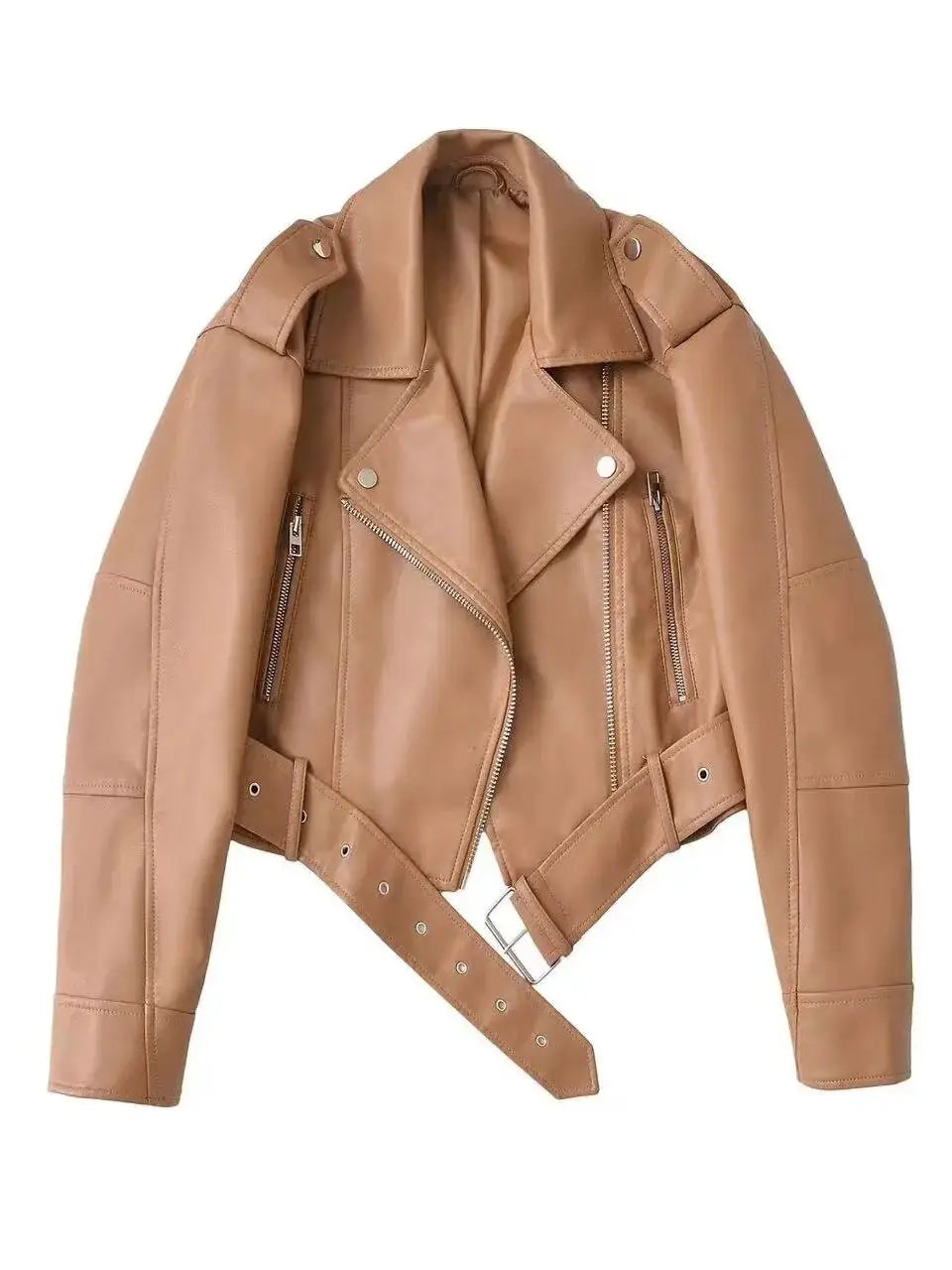 Women Autumn Winter Loose Gray PU Faux Leather Short Jackets Belt Female High Street Zipper Retro Moto Biker Coats Outwear XS-XL