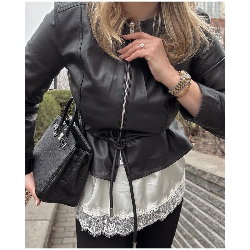 Women's Faux Leather Jacket Black Zip Front Drawstring Peplum Hem Slim Elegant Outerwear Fashion Daily Street Casual Short Coat