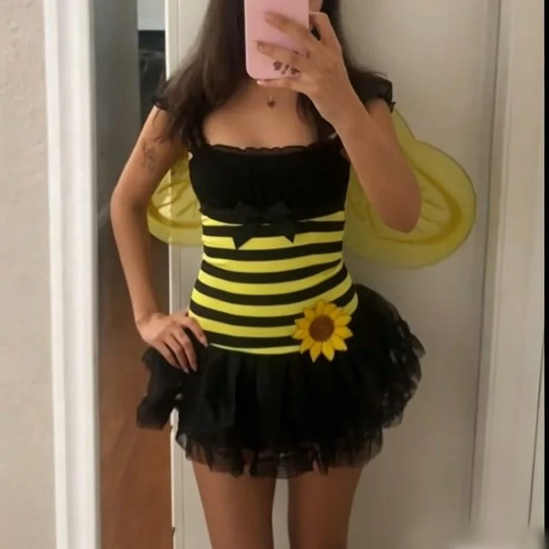 Women Bubble Bee Costume Striped Mini Tulle Dress Wings and Antenna Headband Set of 3 for Halloween Cosplay Party