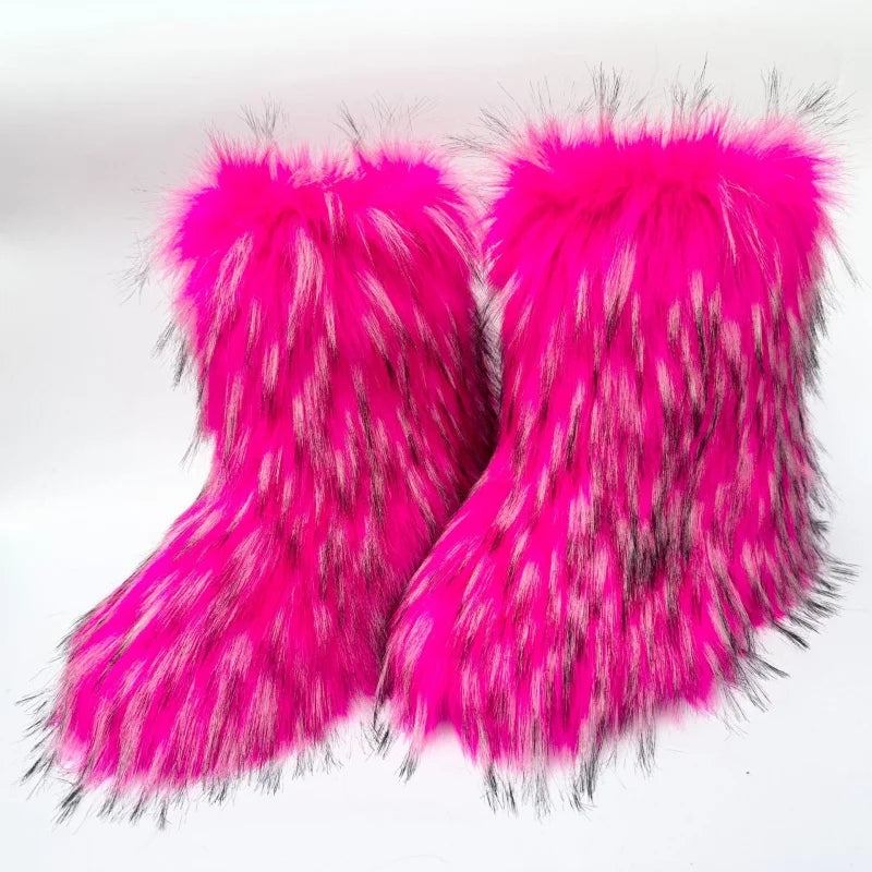 Cute High Quality Faux Raccoon Fox Fur Shibuya Gal Thickened Plus Size Mid-Calf Faux Fur Warm Winter Snow Boots for Women