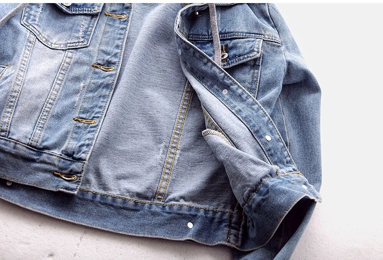 S-5XL Women Denim Jackets Spring Autumn Single-Breasted Detachable Hood Short Jean Jacket All-Match Casual Slim Outerwear