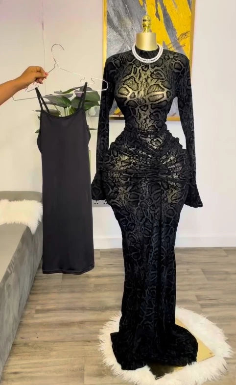 CM.YAYA Women Long Sleeve Stacked Mesh See Though with Lining Bodycon Long Dress 2025 Autumn Evening Birthday Sexy Party Dresses