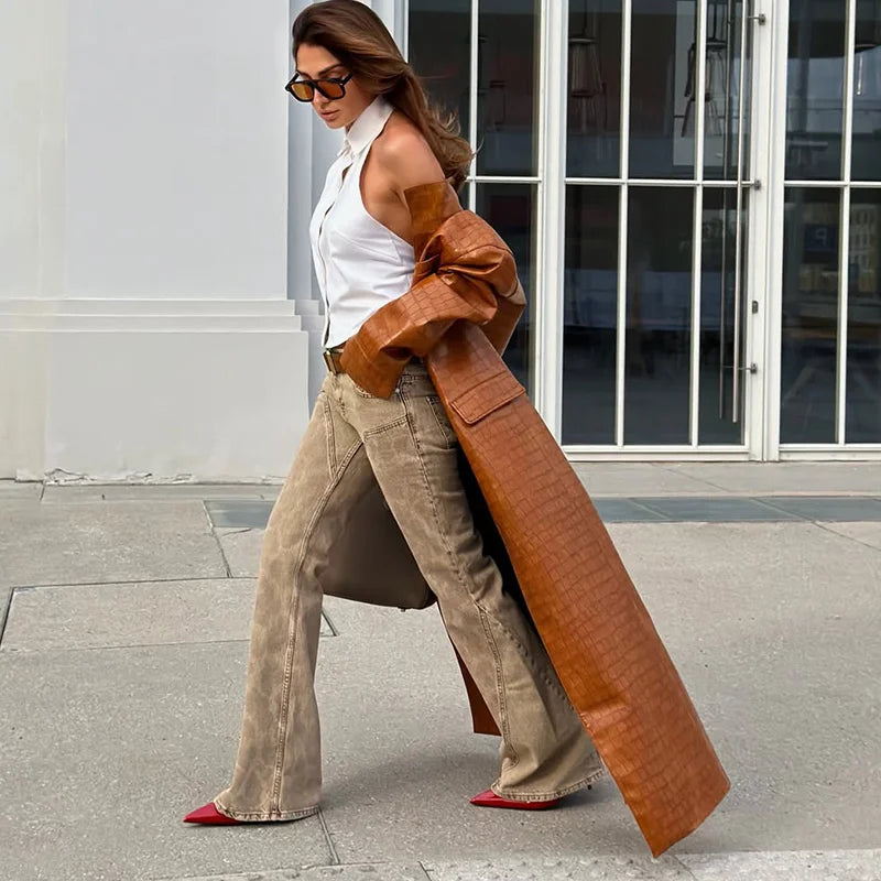 Fashion Croc Pattern PU Leather Women's Jacket Stand Collar Oversize Long Sleeve Chic Coat  2026 Autumn Winter New Daily Wear