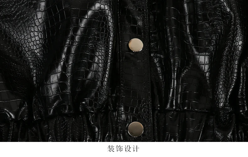 Mauroicardi Spring Autumn Short Black Brown Crocodile Print Faux Leather Jacket Women Stand Collar Button Up Luxury Clothes 2025
