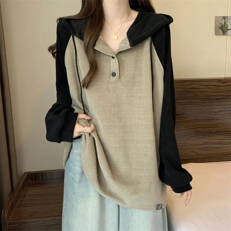 Women Clothing Fashion Casual Long Sleeve Hoodies Spring Autumn Loose Lazy Style Top Tee Office Lady Button Patchwork Pullover