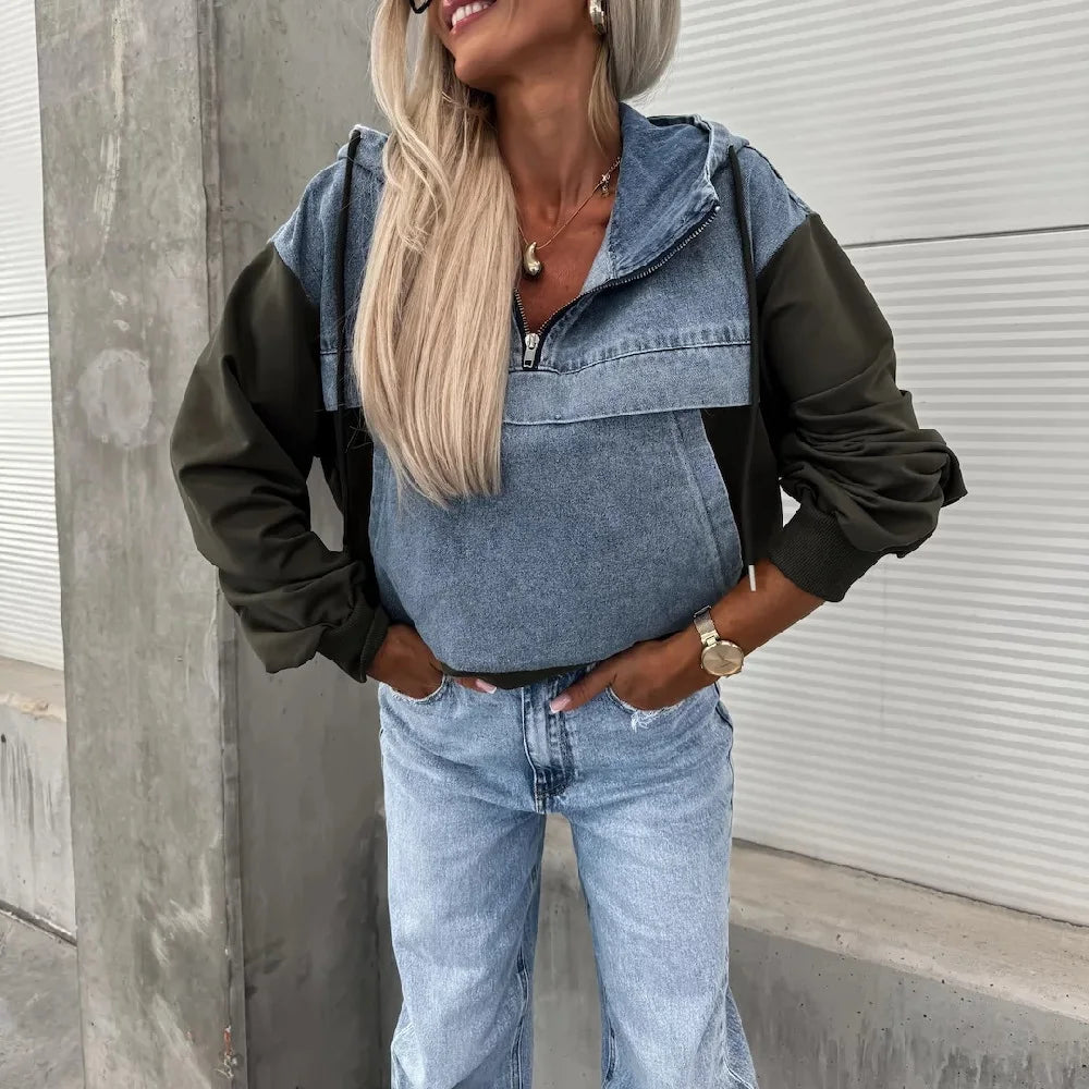 Women Autumn Hoodies Sweatshirt Ladies Long Sleeve Denim Stitching Pullovers Sweatshirts Tops
