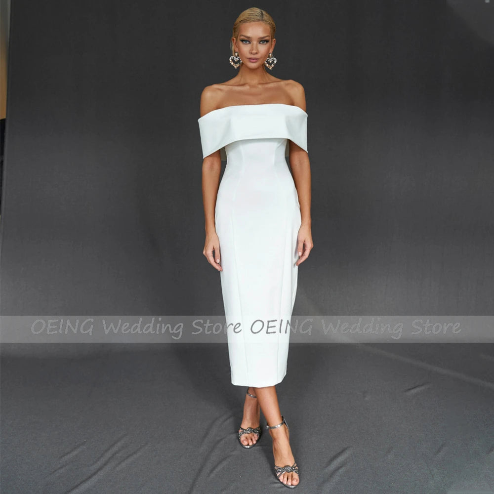 Midi Wedding Dress Simple Off the Shoulder Sheath/Column Wedding Gown For Women Bride Backless Short Bridal Reception Dress