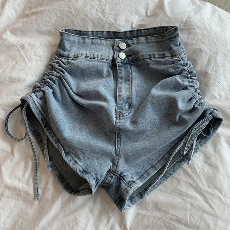 Zoki Sexy Shirring Slim Denim Shorts Women Fashion Korean High Waist Casual Shorts Summer Button All Match Harajuku Shorts New