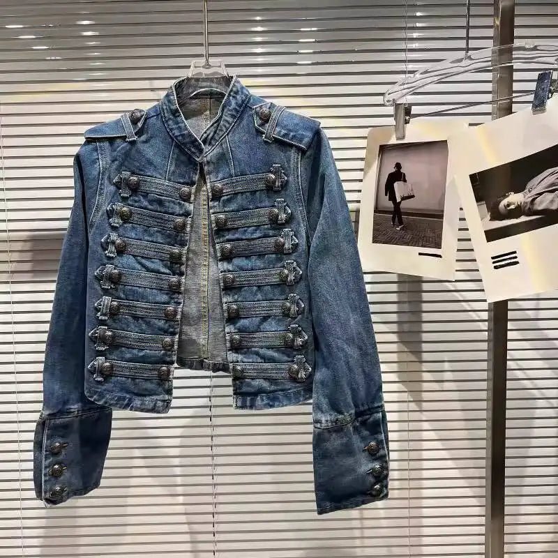 DEAT 2026 Autumn New Fashion Metal Buckle Design Shoulder Strap Denim Short Jacket For Women High Street Coat Female 11A06995