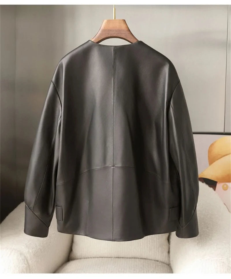 Orange Black Leather Jacket Spring Autumn Coat 2026 New Women's Leather Coat Round Neck Lantern Sleeves PU Leather Outerwear