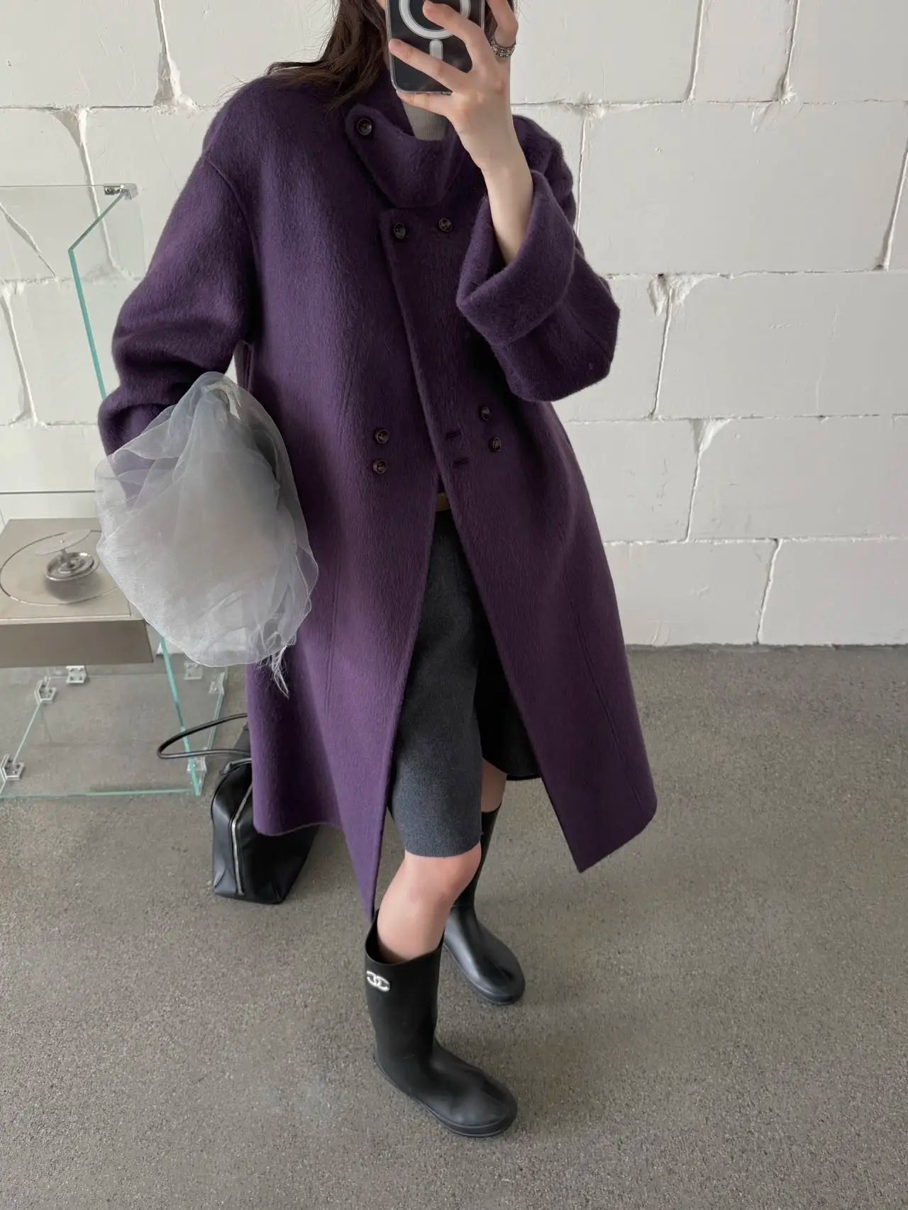 Ladies' 100% wool coat, high-end slimming stand up collar, double breasted loose long woolen coat, autumn and winter bestseller