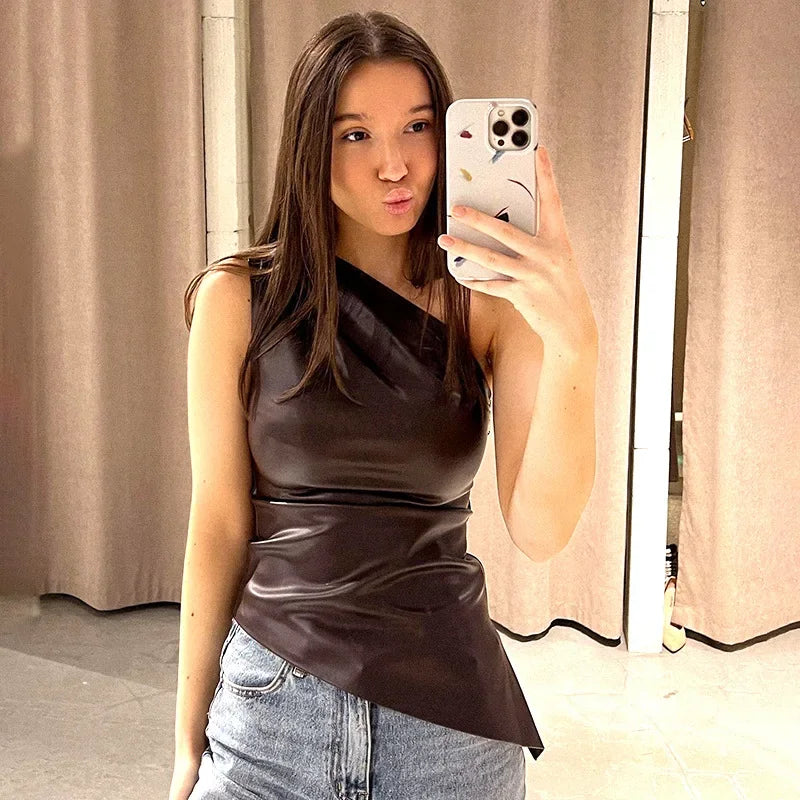 PixieKiki Fashion PU Leather Sleeveless T Shirts Side Zipper One Shoulder Asymmetrical Tops Women Clothing Fall 2024 C85-CA12