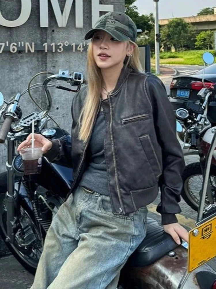 New in Autumn Winter Women High End Short Motorcycle Leather Jacket Women Top Retro Brown Loose Casual Coat Female Clothing