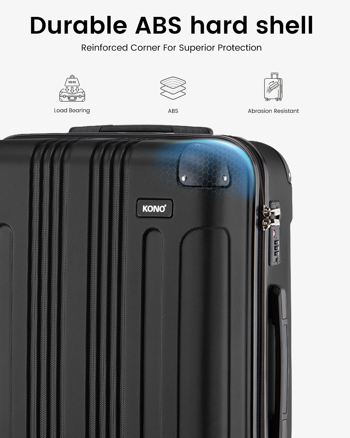 Kono Large Hard Shell Luggage 19/24/28 inch Lightweight ABS 4 Wheels Spinner Business Trip Trolley Case Suitcase