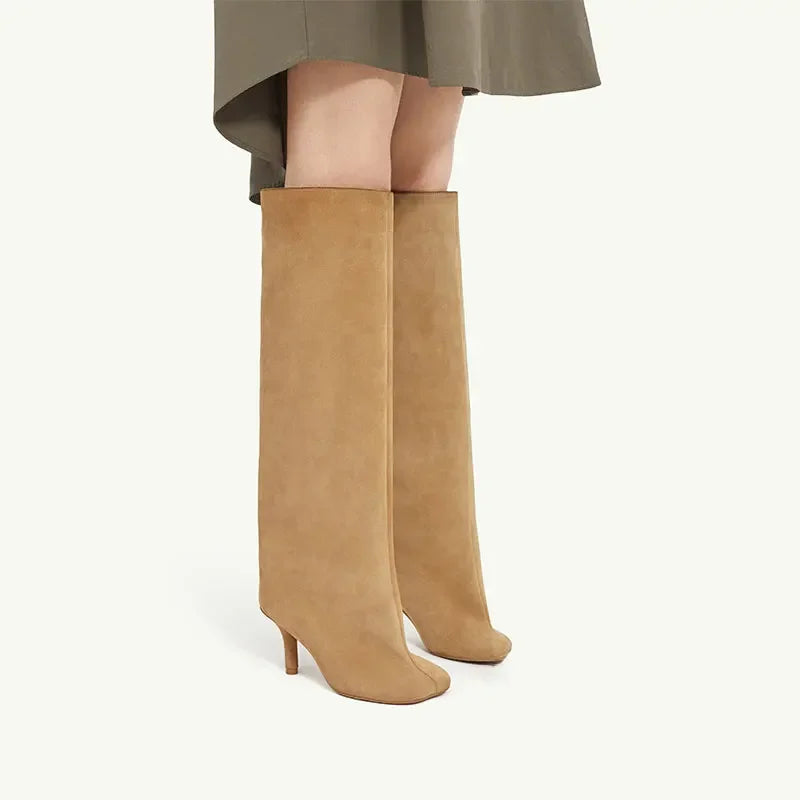 2025Women's Autumn and Winter New Slim Fit High Heels Knee High Boots Fashionable Plus Size Medium Long Boots Knight Boots