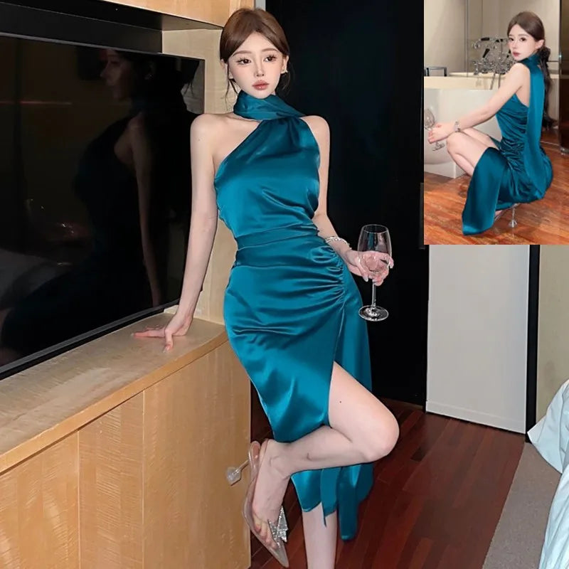 Summer Korean Fashion Sexy Club Robe Women's Sleeveless Irregular High-slit Bodycon Dress Elegant High End Party Evening Dress