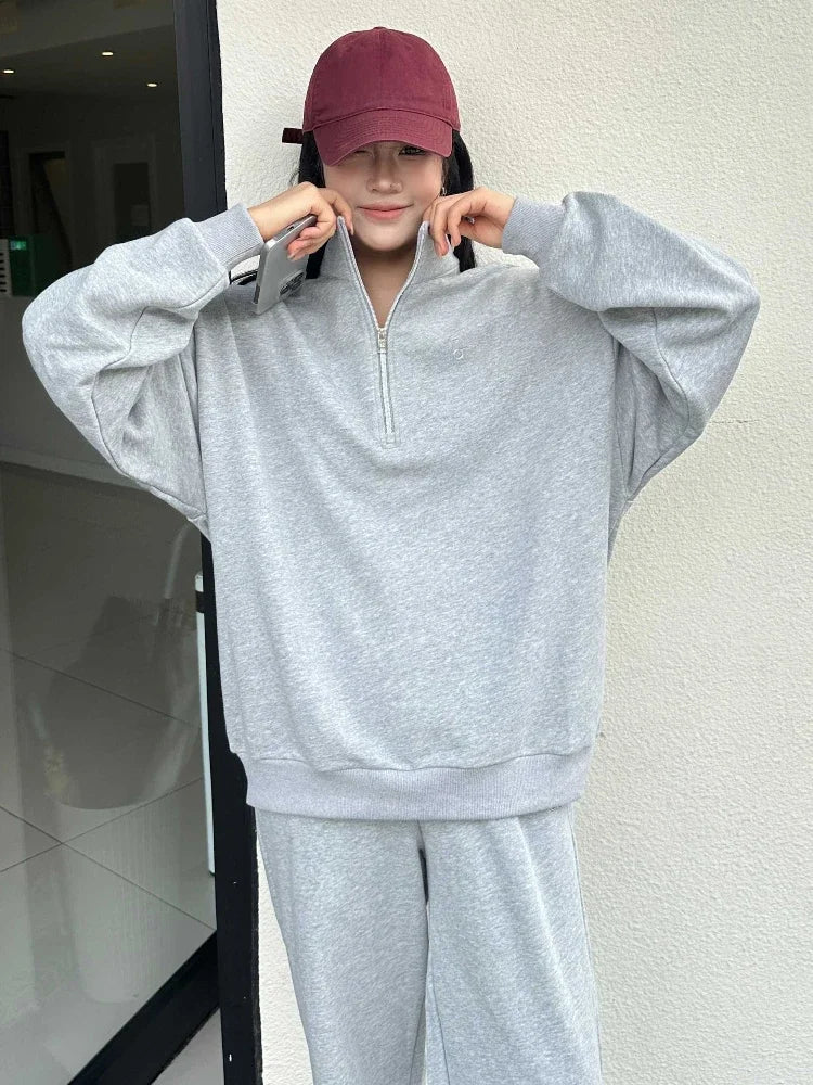 Leisure Solid Color High Waist Trouser Sets 2025 Autumn and Winter Women's Sports Suit Loose Fit Zipper Pullover Two-piece Set