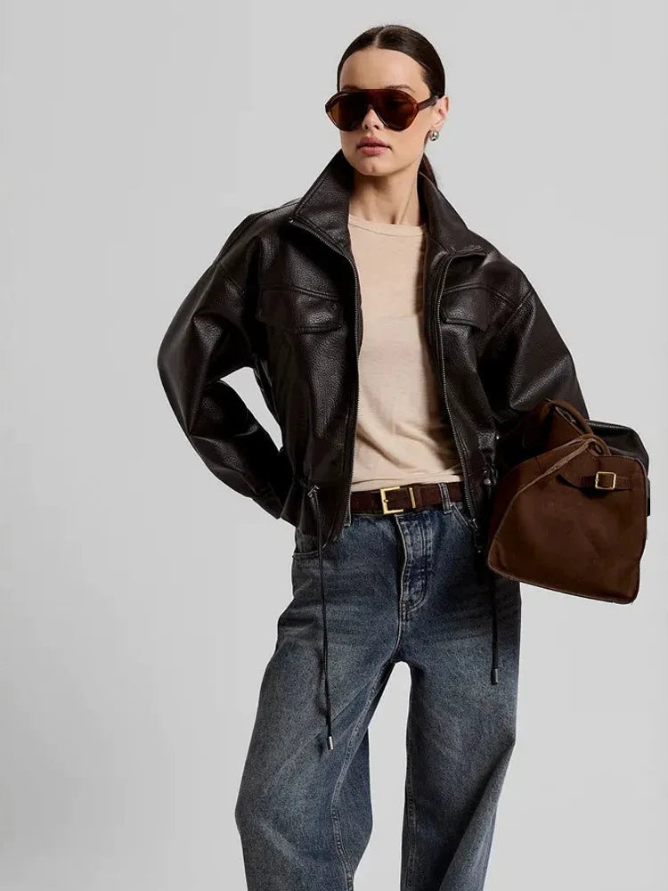 LGRQ Stand‑Collar Long Sleeve Biker Faux Leather Jacket Women Vintage Drawstring Waist Cropped Outerwear 2026 Autumn 19DB3772