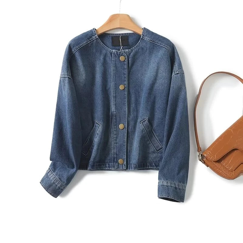 Maxdutti Fashionable Women's Retro Denim Jacket Coat Women Minimalism Denim Bomber Round Neck Jacket