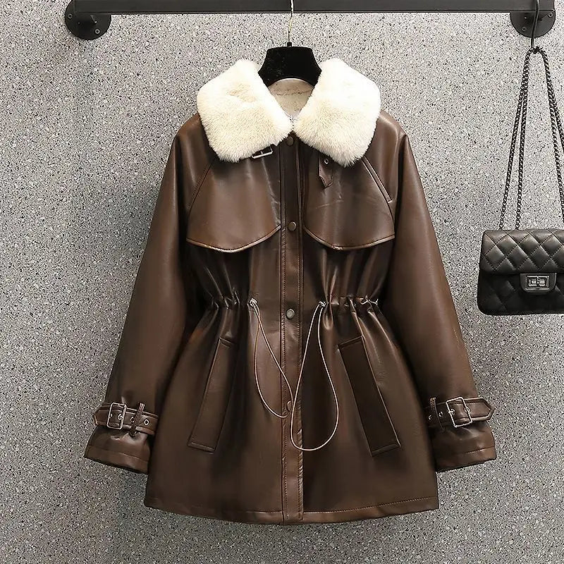 2026 Winter Age Reduction with Thick Velvet Loose Stand up Collar Motorcycle Wear PU Leather Jacket Long Sleeve Coat for Women