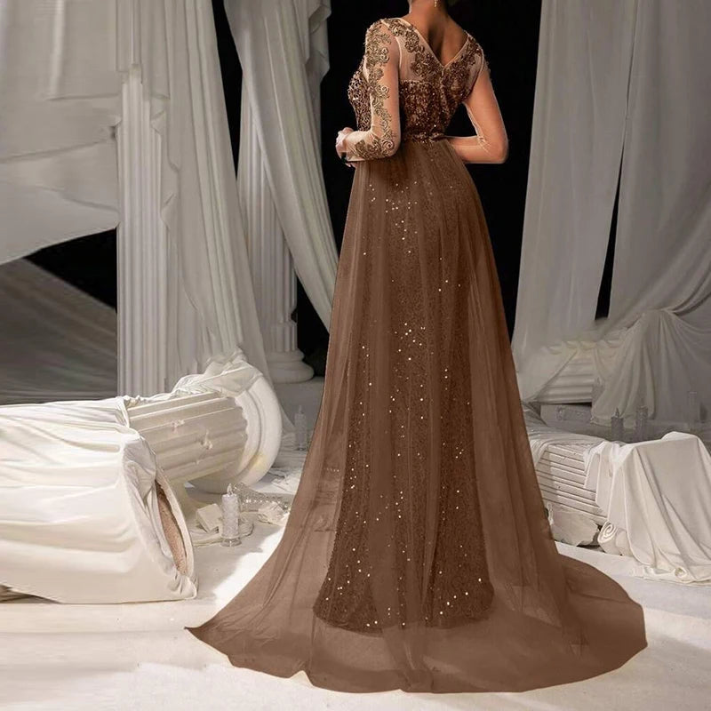 Luxury Long Sleeve Slim Dress Elegant V-neck Lace Sequin Mesh Spliced Evening Dress Fashion Solid Color High Waist Glitter Dress