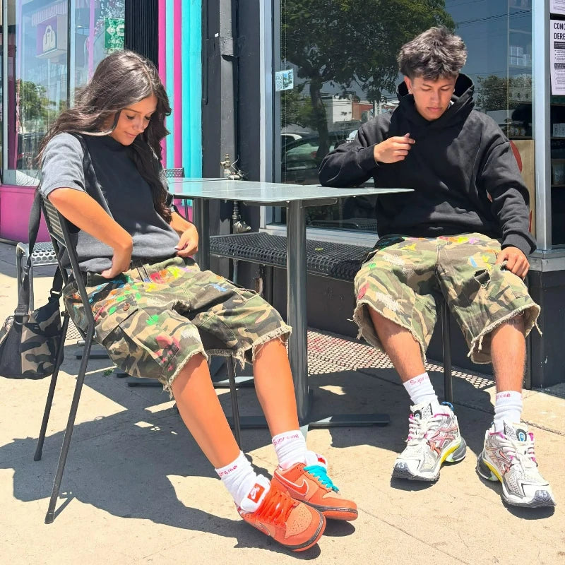 Y2k Camo Cargo Shorts Retro Graffiti Patched Hole Men Women Shorts American Hip Hop Trendy Streetwear Unisex Casual Baggy Shorts
