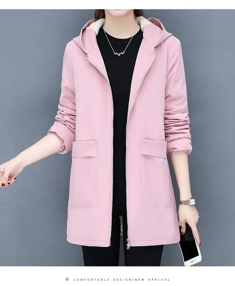 2023 Autumn Winter New Thick Warm Lamb Wool Cotton-padded Coat Women's Mid-length All-fit Loose Hooded Female Blouse