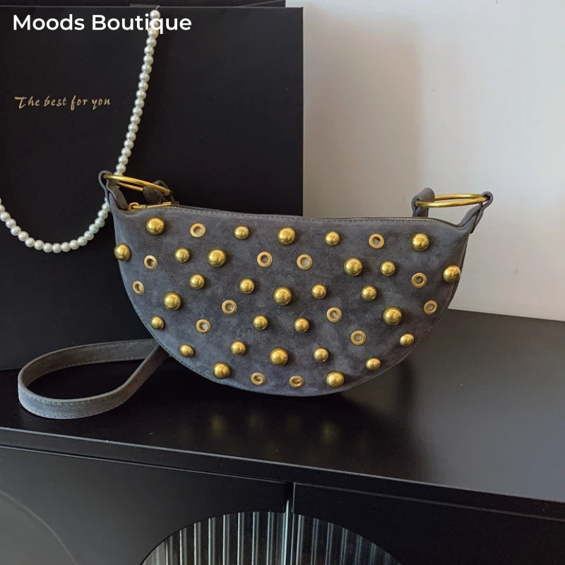 MOODS Branded Half-moon Shoulder Bags For Women Faux Suede Rivets Decor Crossbody Hobo Bags 2025 Latest Designer Handbags Luxury