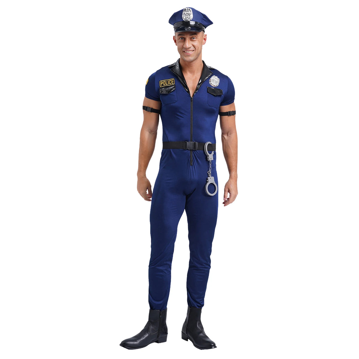 Mens Police Uniform Cosplay Outfits 7-Piece Dirty Cop Officer Costumes Front Zipper Role Play Jumpsuit Hat Belt Manacles Badge