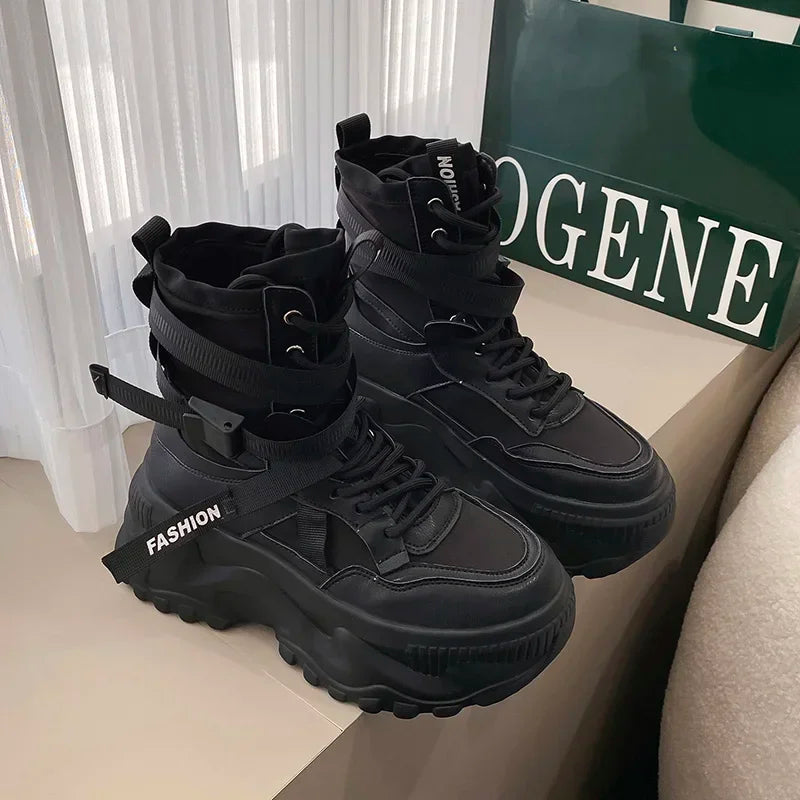 Fashion Platform Ankle Boots for Women Chunky Thick Sole Lace Up Motorcycle Boots Ladies Light Cozy Non-slip Shoe Botas De Mujer