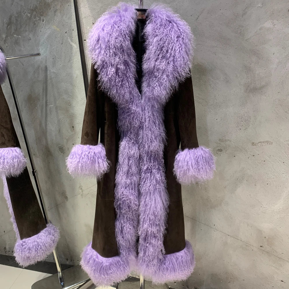 Suede Coat Fur Collar Women Autumn Genuine Sheepskin Coat Long with Mongfolian Fur Trim