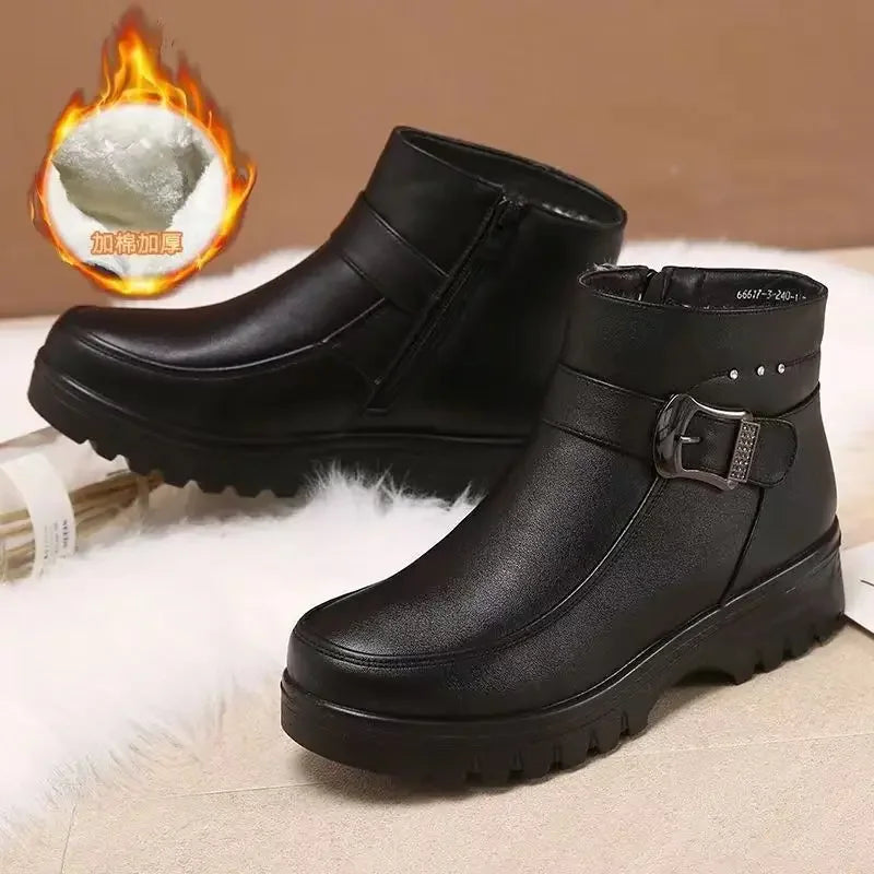 2024 Fashion Winter Women Pu Leather Ankle Boots Female Thick Plush Warm Snow Boots Mother Waterproof Non-slip Booties
