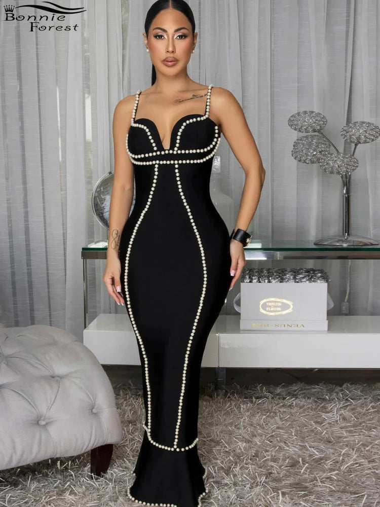 Bonnie Forest Pearl Beaded Bandage Dress Women Elegant Bodycon Sexy V Neck Mermaid Maxi Dress Party Club Outfits