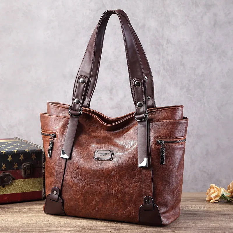 Vintage Women's Tote Bag 2025 New PU Leather Shoulder Bag Large Capacity Handbags Retro Style Crossbody Bags for Women