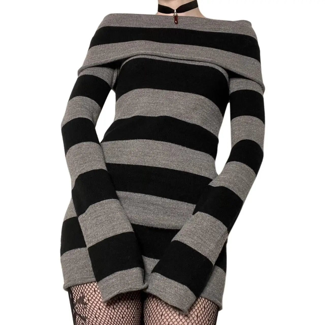 Women Autumn Dress Striped Boat-Neck Long Sleeve Bodycon Short Dress Y2K Gothic Wrapped Hip Party Dresses