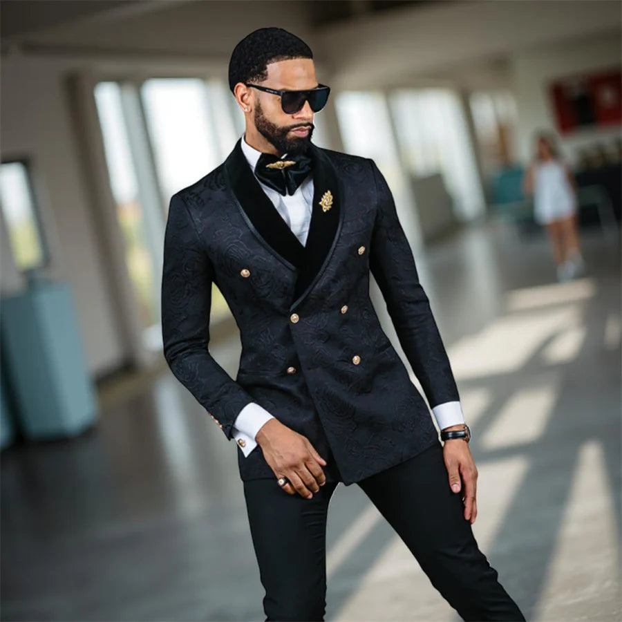 Floral Wedding Suits for Men Double Breasted Jacket with Pants Slim Fit Custom Made Male Fashion Tuxedo 2 Pieces Fashion Suit