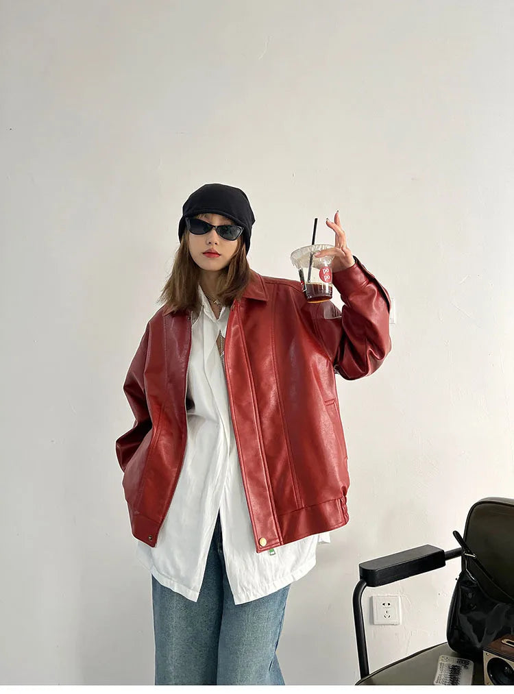 Punk Vintage Red Leather Jacket Women Streetwear Moto Biker Zipper Leather Jacket Female Winter High Street Chic Leather Coat