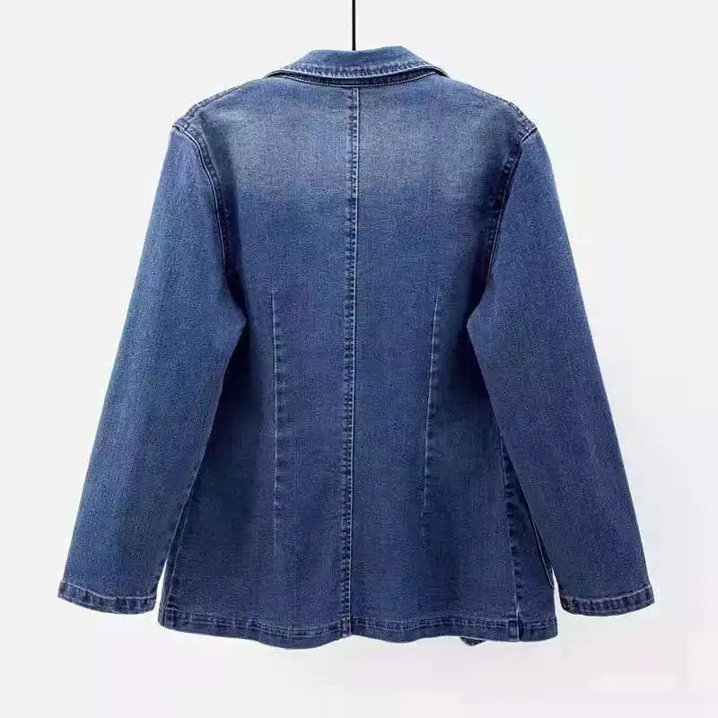 Spring Autumn New One Button Design Denim Jacket For Women Slimming Fit Suit Collar Solid Color Cardigan Blue Cowboy Outer Wear
