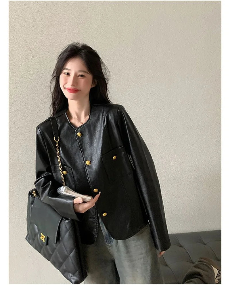 Small Fragrance Leather Jacket Women's Spring Autumn 2026New PU Leather Coat Lady Short High Sense Outerwear Popular Female Tops