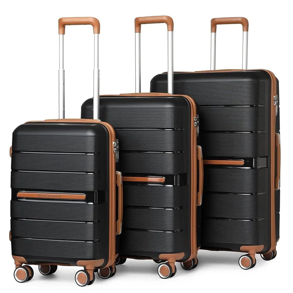 British Traveller 3 Piece Case Set 100% PP 8 Spinner Wheels TSA Lock Hard-Shell hand luggage Dark Blue