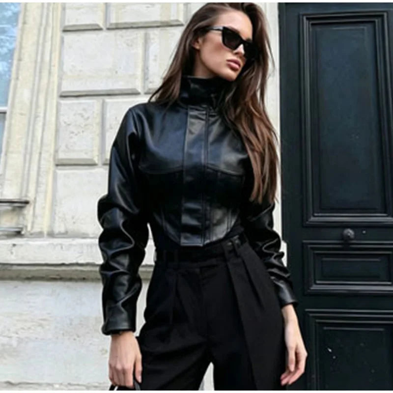 Street Women's Cropped Leather Jacket Slim Stand Collar Long Sleeve Zipper Irregular Hem Coat 2026 Autumn Lady Chic Otwear